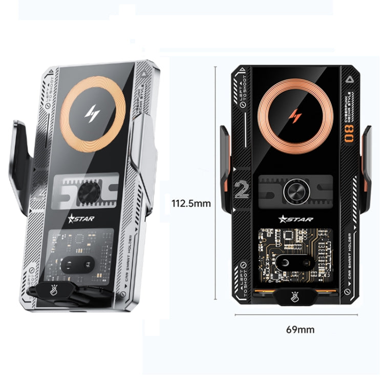 Supporto per telefono a induzione intelligente con caricatore per auto wireless con protocollo QI da 15 W, Black, Silver