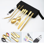 Set di posate portatili in acciaio inossidabile con coltello e forchetta da picnic all'aperto con custodia, A Model Silver, A Model Gold, A Model Black, B Model Silver, B Model Gold, B Model Black, C Model Silver, C Model Black