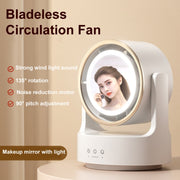 Ventilatore da tavolo multifunzionale 3 in 1 con specchio cosmetico a luce LED, USB Plug Non-Oscillating, Rechargeable Oscillating