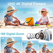 Fotocamera digitale con display da 3 pollici, doppia fotocamera anteriore e posteriore da 48 MP, videocamera HD 4K con zoom digitale 18x, White, Black