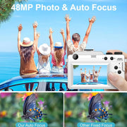 Fotocamera digitale con display da 3 pollici, doppia fotocamera anteriore e posteriore da 48 MP, videocamera HD 4K con zoom digitale 18x, White, Black