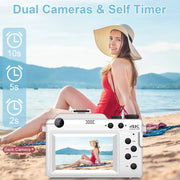 Fotocamera digitale con display da 3 pollici, doppia fotocamera anteriore e posteriore da 48 MP, videocamera HD 4K con zoom digitale 18x, White, Black