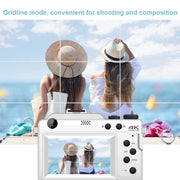Fotocamera digitale con display da 3 pollici, doppia fotocamera anteriore e posteriore da 48 MP, videocamera HD 4K con zoom digitale 18x, White, Black