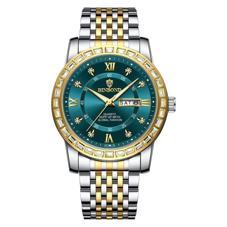 Orologio al quarzo luminoso con doppio calendario BINBOND B2202, Inter-gold-Blue, Inter-gold-Green, Inter-gold-Black, Inter-gold-White, Full-gold-Gold, Full-gold-Black, White Steel-Blue, White Steel-Black, White Steel-White, Black Steel-Black-White Nail