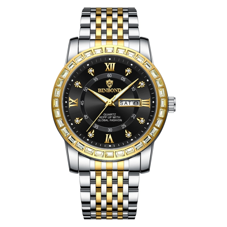 Orologio al quarzo luminoso con doppio calendario BINBOND B2202, Inter-gold-Blue, Inter-gold-Green, Inter-gold-Black, Inter-gold-White, Full-gold-Gold, Full-gold-Black, White Steel-Blue, White Steel-Black, White Steel-White, Black Steel-Black-White Nail