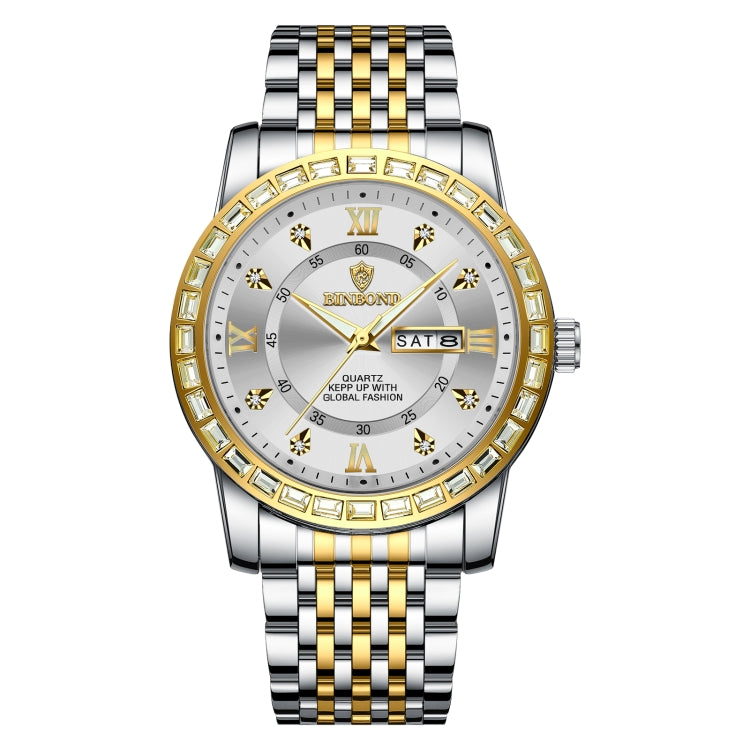 Orologio al quarzo luminoso con doppio calendario BINBOND B2202, Inter-gold-Blue, Inter-gold-Green, Inter-gold-Black, Inter-gold-White, Full-gold-Gold, Full-gold-Black, White Steel-Blue, White Steel-Black, White Steel-White, Black Steel-Black-White Nail