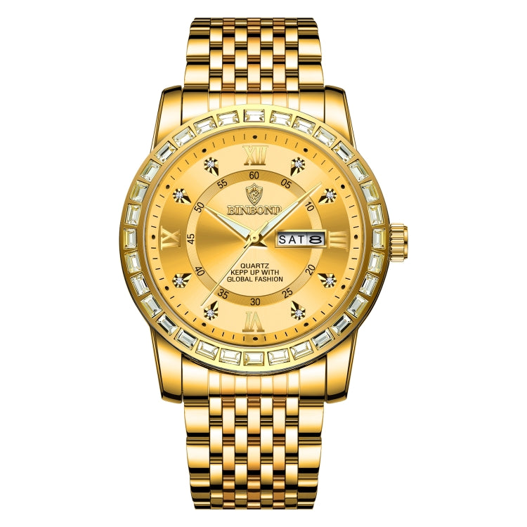 Orologio al quarzo luminoso con doppio calendario BINBOND B2202, Inter-gold-Blue, Inter-gold-Green, Inter-gold-Black, Inter-gold-White, Full-gold-Gold, Full-gold-Black, White Steel-Blue, White Steel-Black, White Steel-White, Black Steel-Black-White Nail