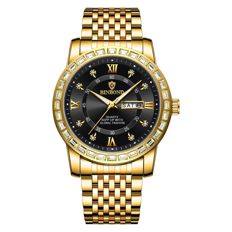 Orologio al quarzo luminoso con doppio calendario BINBOND B2202, Inter-gold-Blue, Inter-gold-Green, Inter-gold-Black, Inter-gold-White, Full-gold-Gold, Full-gold-Black, White Steel-Blue, White Steel-Black, White Steel-White, Black Steel-Black-White Nail
