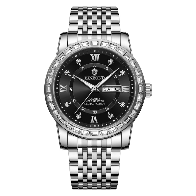 Orologio al quarzo luminoso con doppio calendario BINBOND B2202, Inter-gold-Blue, Inter-gold-Green, Inter-gold-Black, Inter-gold-White, Full-gold-Gold, Full-gold-Black, White Steel-Blue, White Steel-Black, White Steel-White, Black Steel-Black-White Nail