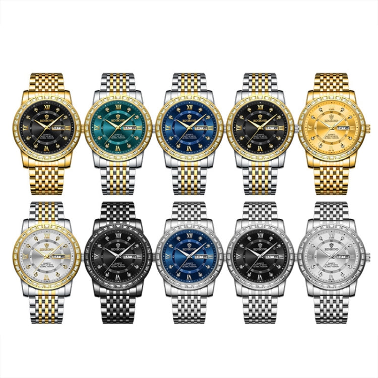Orologio al quarzo luminoso con doppio calendario BINBOND B2202, Inter-gold-Blue, Inter-gold-Green, Inter-gold-Black, Inter-gold-White, Full-gold-Gold, Full-gold-Black, White Steel-Blue, White Steel-Black, White Steel-White, Black Steel-Black-White Nail