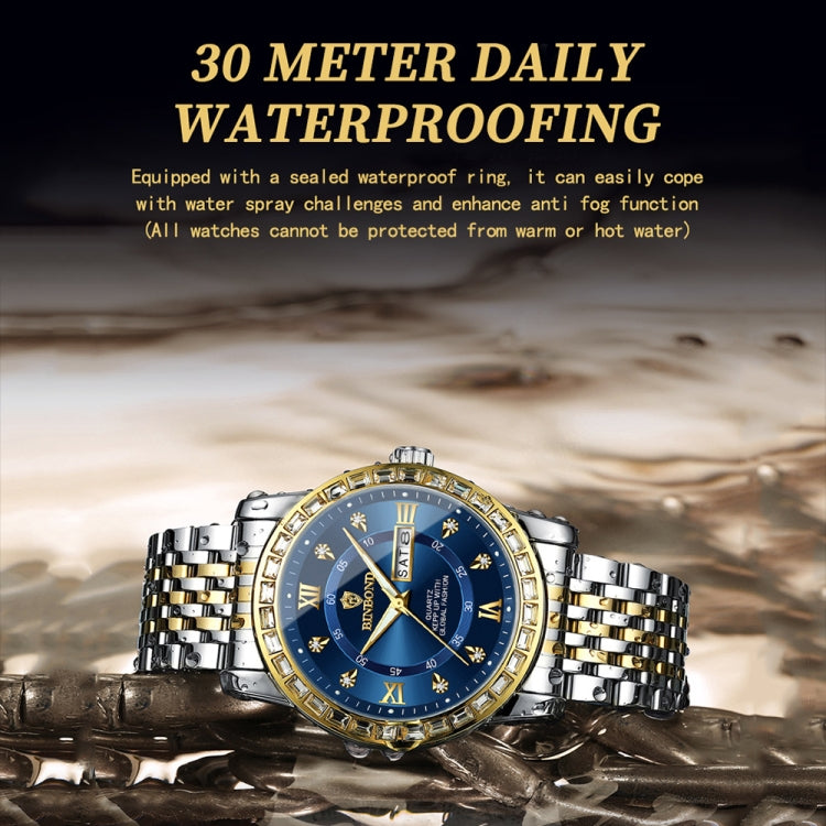 Orologio al quarzo luminoso con doppio calendario BINBOND B2202, Inter-gold-Blue, Inter-gold-Green, Inter-gold-Black, Inter-gold-White, Full-gold-Gold, Full-gold-Black, White Steel-Blue, White Steel-Black, White Steel-White, Black Steel-Black-White Nail