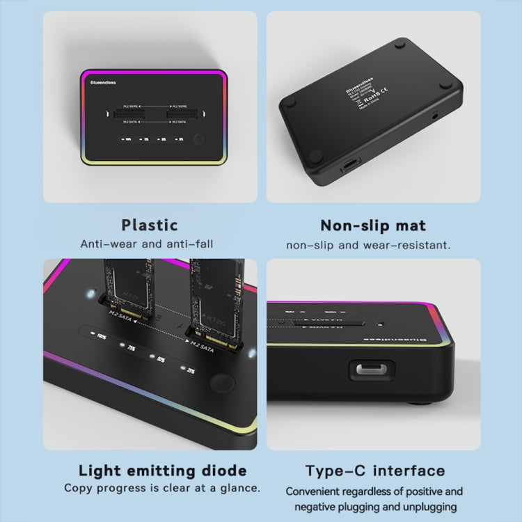 Scatola per disco rigido a stato solido con base per disco rigido a doppio slot Blueendless M.2, spina americana, RGB Dual NVME or Dual SATA, Dual NVME or Dual SATA, RGB NVME + SATA, NVME + SATA, RGB Dual SATA, Dual SATA
