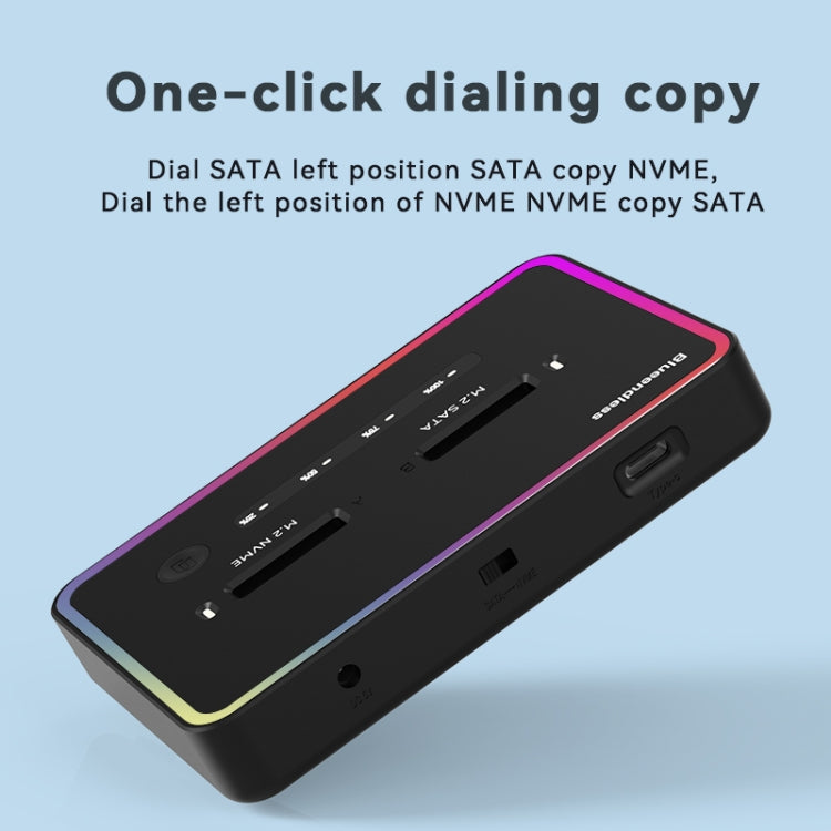 Scatola per disco rigido a stato solido con base per disco rigido a doppio slot Blueendless M.2, spina americana, RGB Dual NVME or Dual SATA, Dual NVME or Dual SATA, RGB NVME + SATA, NVME + SATA, RGB Dual SATA, Dual SATA