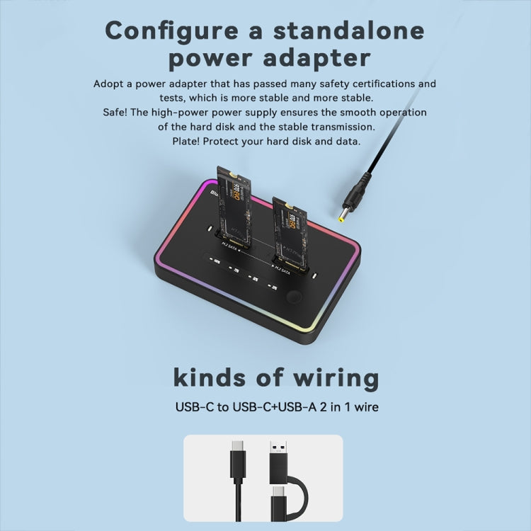 Scatola per disco rigido a stato solido con base per disco rigido a doppio slot Blueendless M.2, spina americana, RGB Dual NVME or Dual SATA, Dual NVME or Dual SATA, RGB NVME + SATA, NVME + SATA, RGB Dual SATA, Dual SATA