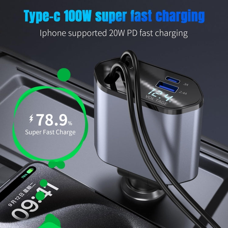Caricabatteria rapido per auto con display digitale a doppia linea retrattile USB multifunzione 4 in 1 da 120 W