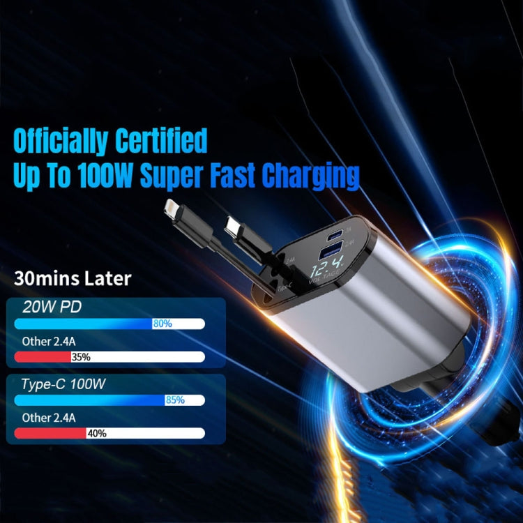 Caricabatteria rapido per auto con display digitale a doppia linea retrattile USB multifunzione 4 in 1 da 120 W