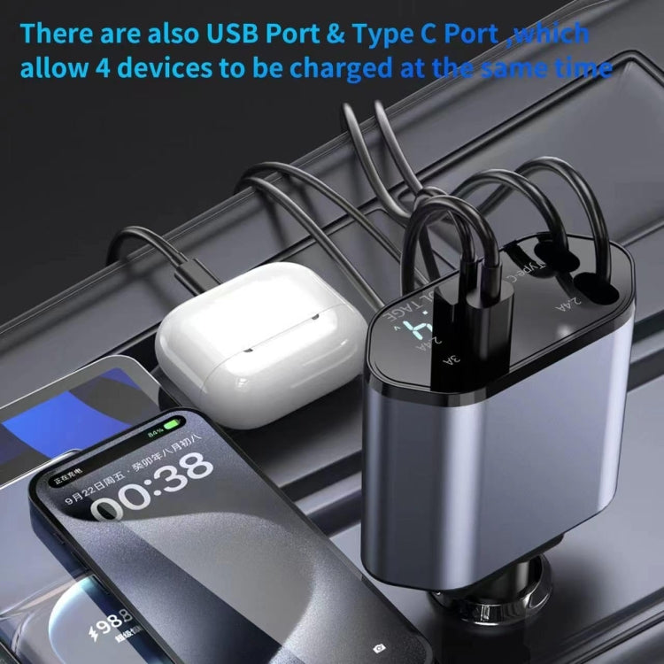 Caricabatteria rapido per auto con display digitale a doppia linea retrattile USB multifunzione 4 in 1 da 120 W