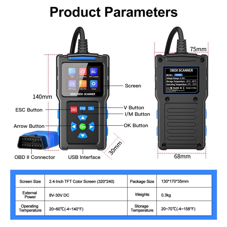 Tester motore OBD2 per strumento diagnostico guasti automobile ELM327, T200