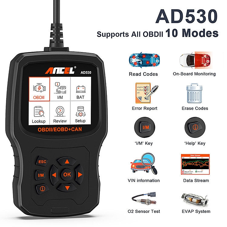 ANCEL AD530 Strumento di test della batteria per auto con schermo da 2,8 pollici OBD2 Tester per motore per auto, AD530