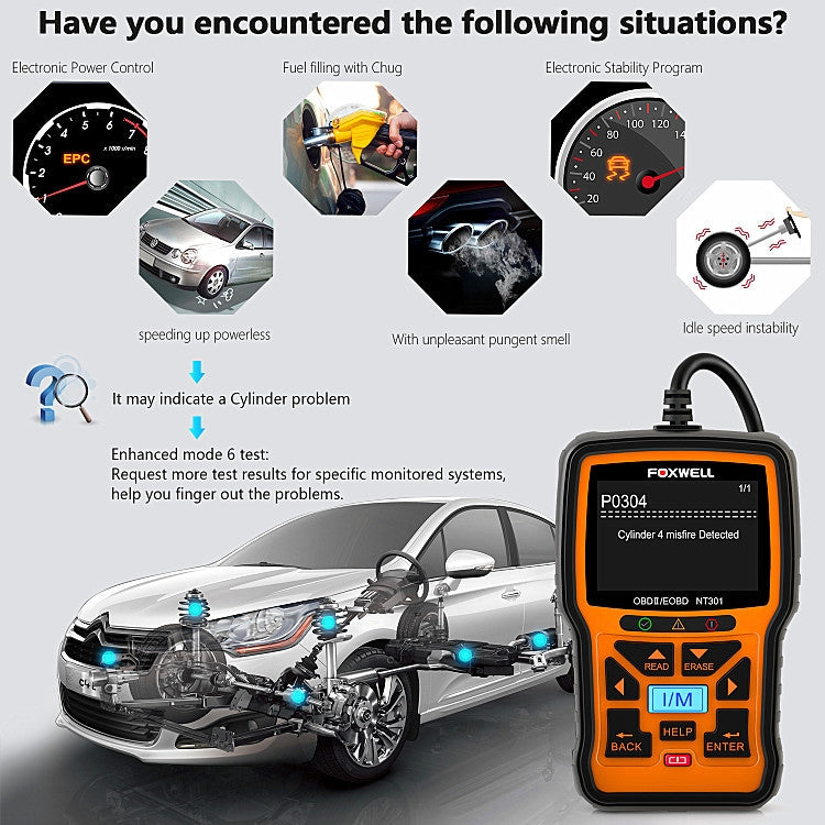Strumento di diagnosi guasti auto FOXWELL NT301 OBD2 Strumento di lettura codici dati in tempo reale, FOXWELL NT301