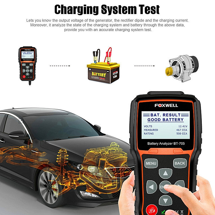 Analizzatore di test della batteria per auto FOXWELL BT705 12V 24V Test del sistema di avviamento e ricarica