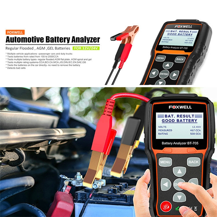 Analizzatore di test della batteria per auto FOXWELL BT705 12V 24V Test del sistema di avviamento e ricarica
