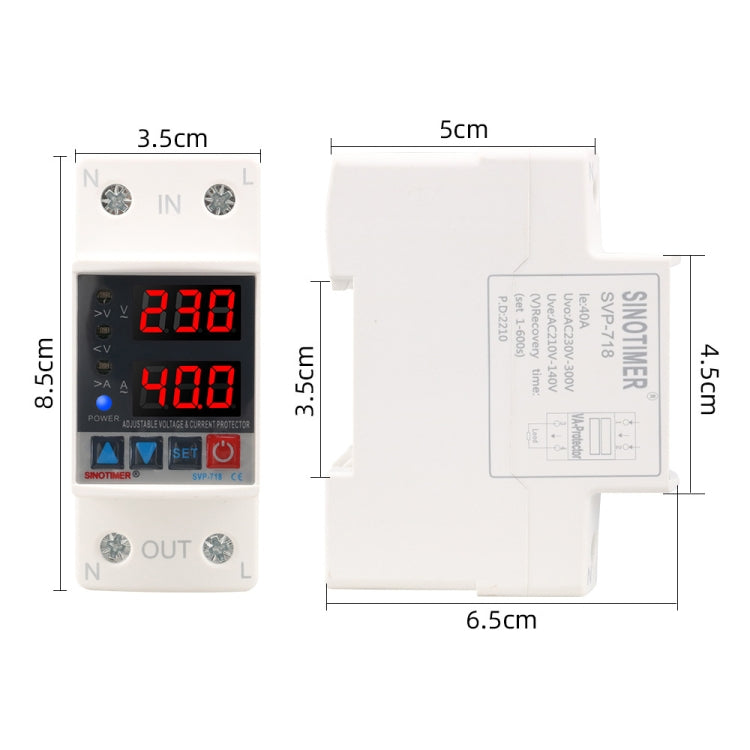Protezione intelligente da sovratensione e sottotensione auto-ripristinante regolabile 220 V CA, SINOTIMER SVP-718 40A, SINOTIMER SVP-718 63A