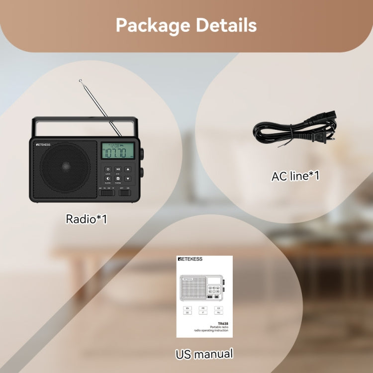 Retekess TR638 LCD Digital Display Full-Band Bluetooth FM Radio Supporto Antenna Esterna, TR638 (US Plug), TR638 (EU Plug)