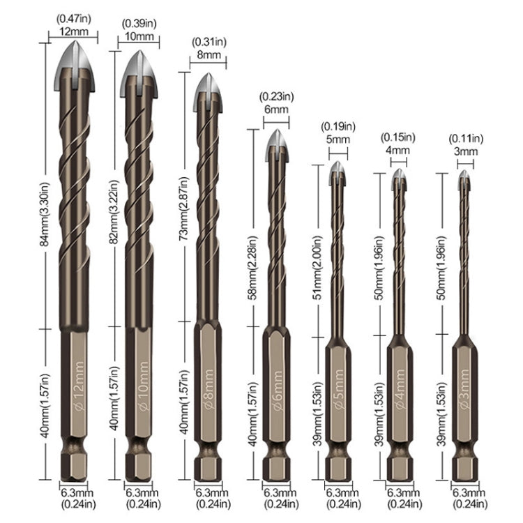 Punte da trapano in lega con gambo esagonale, flauto a spirale, piastrelle di vetro, driver a quattro bordi, 3mm, 4mm, 5mm, 6mm, 8mm, 10mm, 12mm