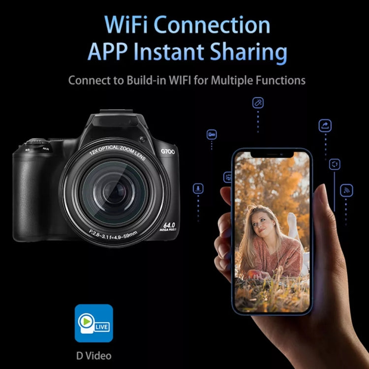 Videocamera digitale WiFi G700 4K / 64MP Schermo IPS da 3,0 pollici Zoom ottico 12X, G700