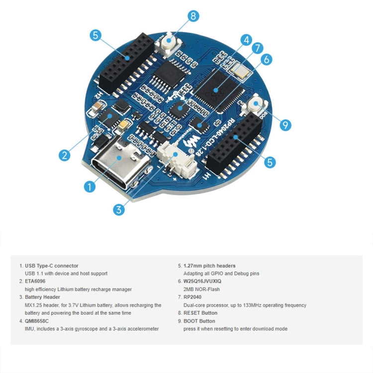 Waveshare 26369 Schermo LCD rotondo da 1,28 pollici Scheda MCU RP2040, without Touch, with Touch