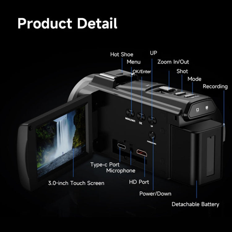 HDV-255K 5K/30FPS 16X Zoom Sport all'aria aperta HD Telecamera digitale anti-vibrazione elettronica, EU Plug, US Plug, UK Plug