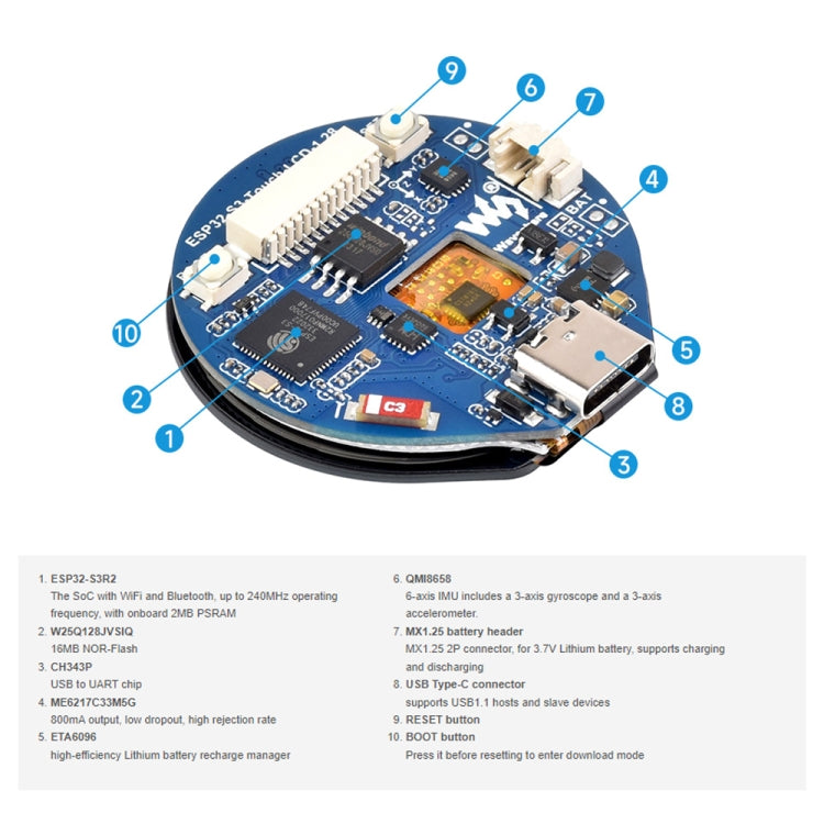 Waveshare 25098 ESP32-S3 Scheda di sviluppo LCD touch rotondo da 1,28 pollici, ESP32-S3