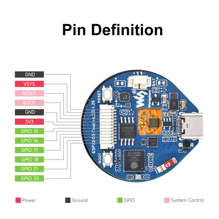 Waveshare 25098 ESP32-S3 Scheda di sviluppo LCD touch rotondo da 1,28 pollici, ESP32-S3