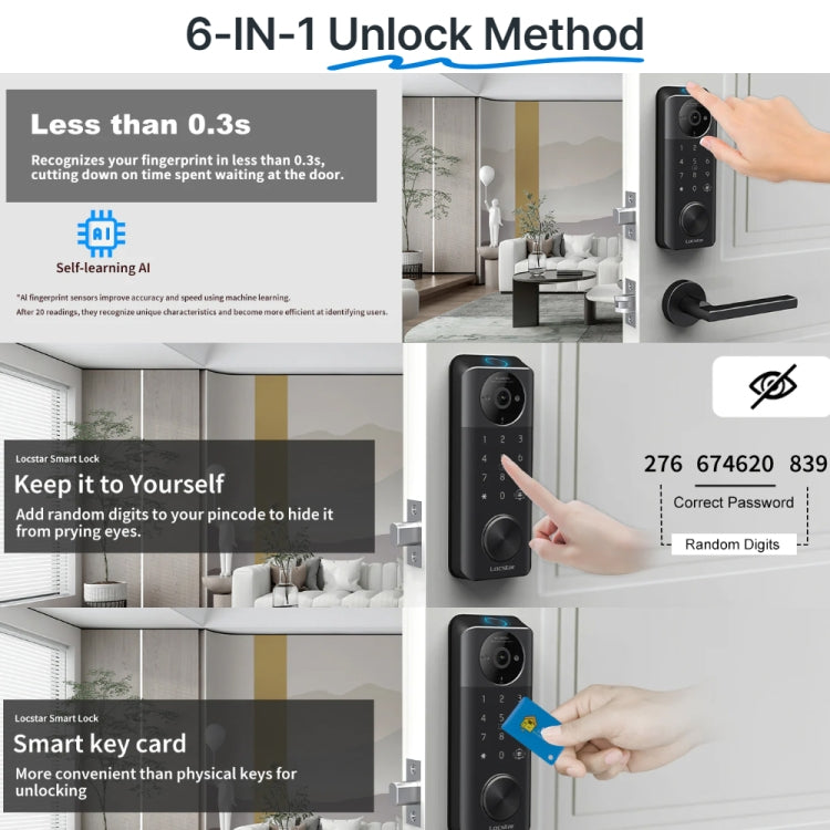 Serratura a catenaccio intelligente con impronta digitale Locstar C95 supporta l'app Bluetooth WiFi, 5 modi per sbloccare, con campanello con telecamera, C95