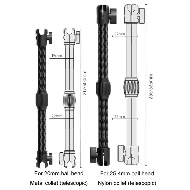 Supporto telescopico per telefono da auto, braccio di estensione con doppio snodo, staffa in fibra di carbonio, asta di collegamento, 217-300mm For 20mm Ball Head, 235-335mm For 25.4mm Ball Head