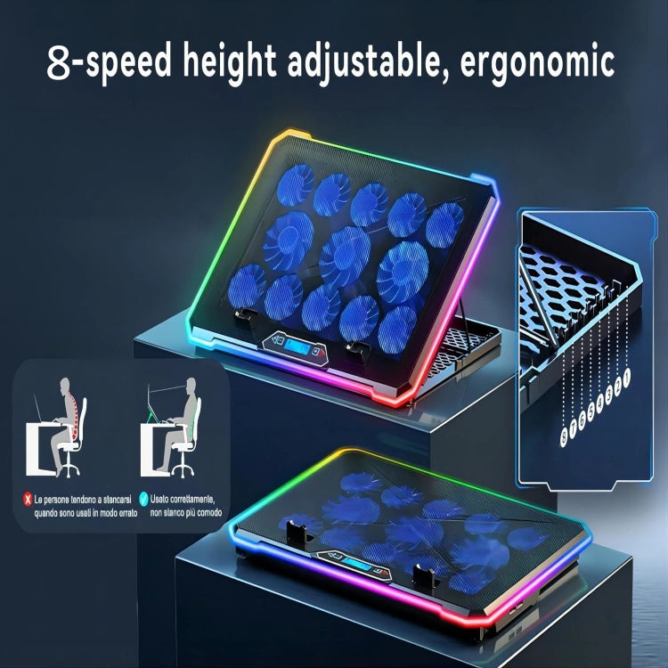 Base per radiatore per laptop regolabile intelligente ICE COOREL K15C con effetto di illuminazione RGB, 13 Fans, 14 Fans, 15 Fans