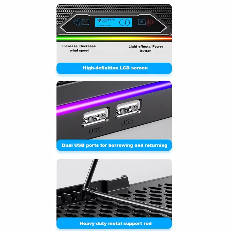 Base per radiatore per laptop regolabile intelligente ICE COOREL K15C con effetto di illuminazione RGB, 13 Fans, 14 Fans, 15 Fans