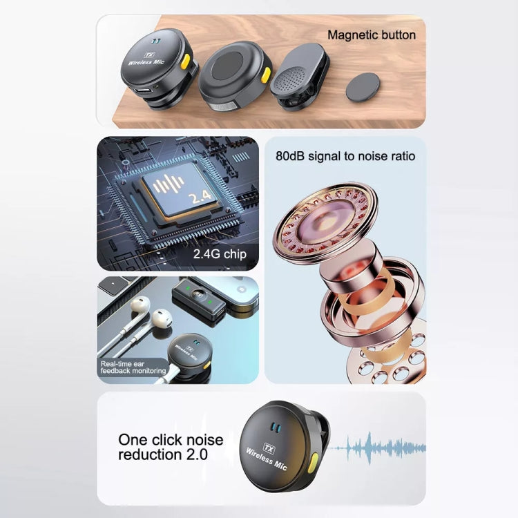 Microfono Lavalier wireless con pulsante, ventosa magnetica e design a clip posteriore, 8 Pin, USB-C / Type-C