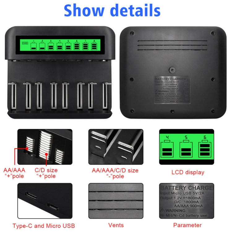 Caricabatterie multifunzione LCD a otto slot AA / AAA / C / D, 8 Slots USB