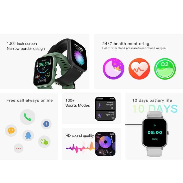 1,83 pollici Touch Screen AI Voice Monitoraggio della frequenza cardiaca / ossigeno nel sangue / pressione sanguigna / sonno Smartwatch Bluetooth