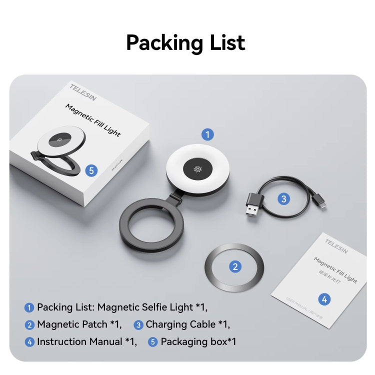 TELESIN Luce magnetica per selfie ricaricabile USB-C