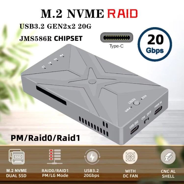 Doppio M.2 NVME SSD RAID Array Mobile Hard Drive Enclosure Tipo-C USB3.2 GEN2x2 20G 586R, PH8586R