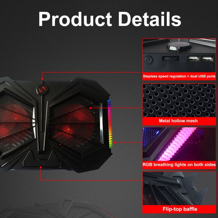 YL-017 Supporto di raffreddamento per laptop silenzioso con effetto di illuminazione RGB a 2 ventole e velocità regolabile, YL-017 2-Fans