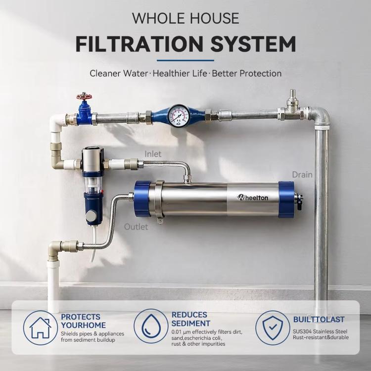 Purificatore d'acqua domestico per tutta la casa, filtro per installazione su tubature, purificatore d'acqua ad alto flusso, Wheelton UF2-1T, Wheelton UF4-2T, Wheelton UF6-3T
