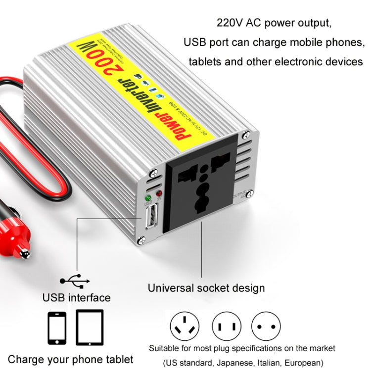 Inverter a onda sinusoidale modificata da 200 W per auto, telefono cellulare, alimentatore universale da 2,1 A, 12 To 220V, 12 To 110V