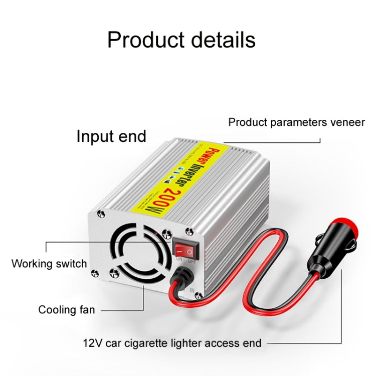 Inverter a onda sinusoidale modificata da 200 W per auto, telefono cellulare, alimentatore universale da 2,1 A, 12 To 220V, 12 To 110V