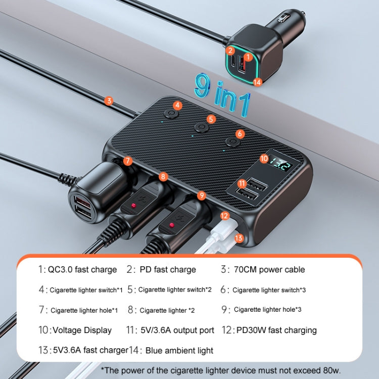 C29 9 in 1 accendisigari per auto caricabatterie rapido potente con display di tensione, C29