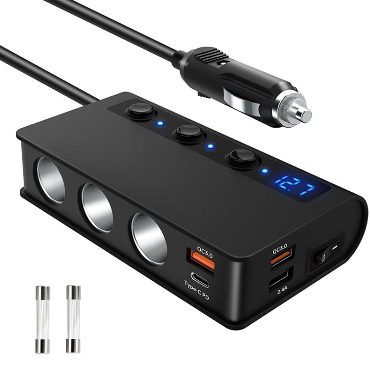 TR24 Accendisigari per auto da uno a tre con interruttore 180 W Caricabatterie rapido ad alta potenza, TR24(Black PD Version)