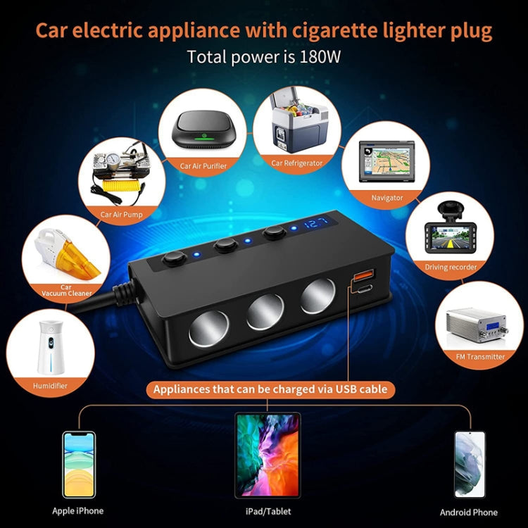 TR24 Accendisigari per auto da uno a tre con interruttore 180 W Caricabatterie rapido ad alta potenza, TR24(Black PD Version)